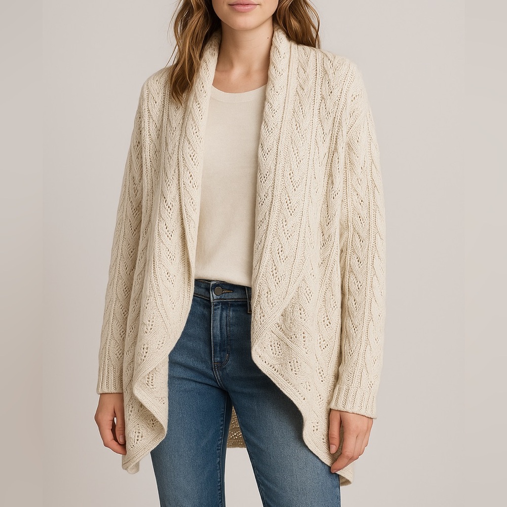 Cabi Women Open Front Circle Cardigan Sweater Medium Cream Beige Loose Knit boho